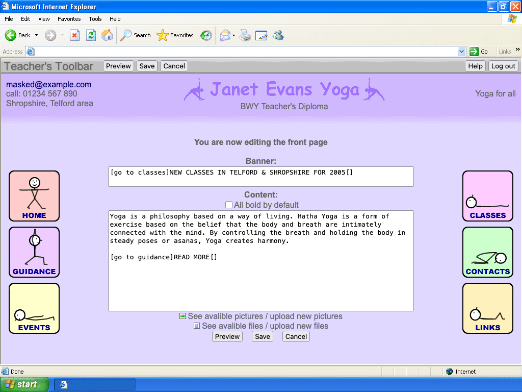 A screenshot of the same page, but with a “Teacher’s Toolbar” displayed at the top with buttons: “Preview”, “Save”, “Cancel”, “Help”, and “Logout”. The page content has been replaced with text fields to allow editing.
