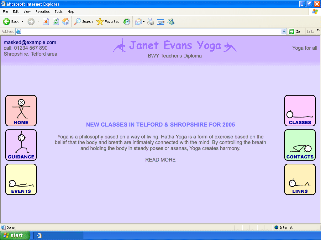 Website displayed in Internet Explorer 6, with Home, Guidance, and Events links on the left, and Classes, Contacts, and Links links on the right. The centre of the page contains a brief introduction to the type of yoga being offered.