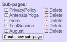 A list of sub-pages with the option to navigate to them, delete them, or add a new sub-page