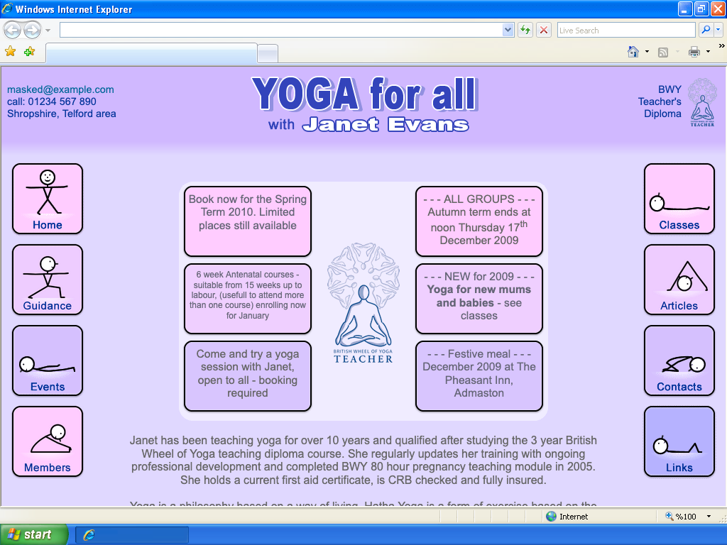 Website with same layout as before, but the central content’s banners have been replaced with a pale box containing the British Wheel of Yoga logo surrounded by 6 smaller colourful boxes, each containing a small headline.